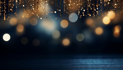 Elegant black and gold abstract background with golden light bokeh on navy blue for holiday concept.