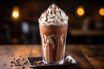 Scrumptious hot chocolate milkshake with rich whipped cream topping, served in a glass