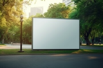 Blank billboard white screen side road in city. ad mockup copy space for advertising banner near park in metropolis. - obrazy, fototapety, plakaty