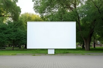 Blank billboard white screen side road in city. ad mockup copy space for advertising banner near park in metropolis.