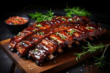 Close up of perfectly cooked roasted sliced barbecue pork ribs with juicy tender meat