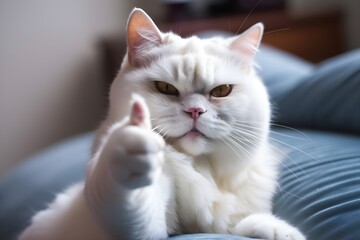 Funny white cat showing thumb up
