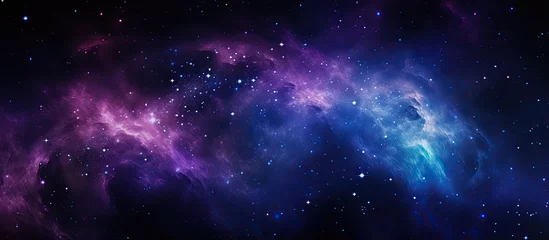Foto op Canvas The abstract image of a galaxy in the night sky with a background of black and blue is illuminated by the stars and a purple outer light © TheWaterMeloonProjec