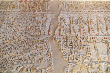 colorful hieroglyphs in ancient egyptian tomb in the valley of the kings in luxor, egypt