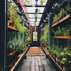 The greenery flourishing in racks inside a shipping container.