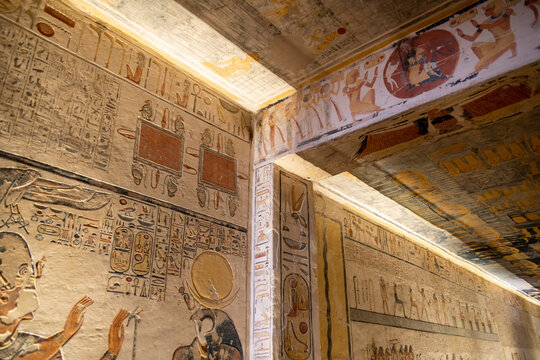 colorful hieroglyphs in ancient egyptian tomb in the valley of the kings in luxor, egypt