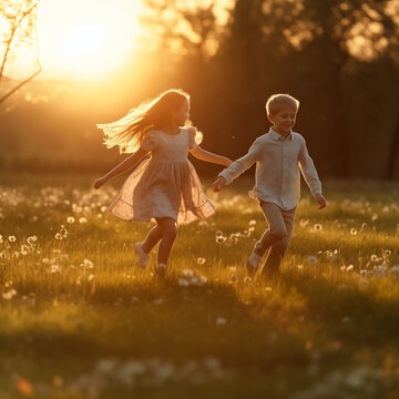 Active children walk in the park at sunset.