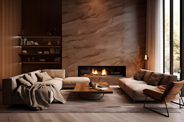 Living room interior with brown walls, furniture and a fireplace, in the style of earth tone color palette, exotic, minimalist 