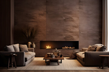 Living room interior with brown walls, furniture and a fireplace, in the style of earth tone color palette, exotic, minimalist 