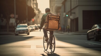 Delivery Man Riding Bike. Male cyclist riding in the city. Delivery man riding bike delivering food and drink in town outdoors on stylish bicycle with backpack. Delivery concept. Food concept. Cycling - Powered by Adobe