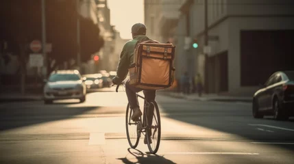 Plexiglas foto achterwand Delivery Man Riding Bike. Male cyclist riding in the city. Delivery man riding bike delivering food and drink in town outdoors on stylish bicycle with backpack. Delivery concept. Food concept. Cycling © IC Production