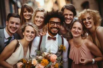 Obraz premium A couple surrounded by supportive friends and family on their wedding day. Generative Ai.