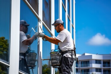 Facade worker clean up the house windows of modern building with a clear blue sky