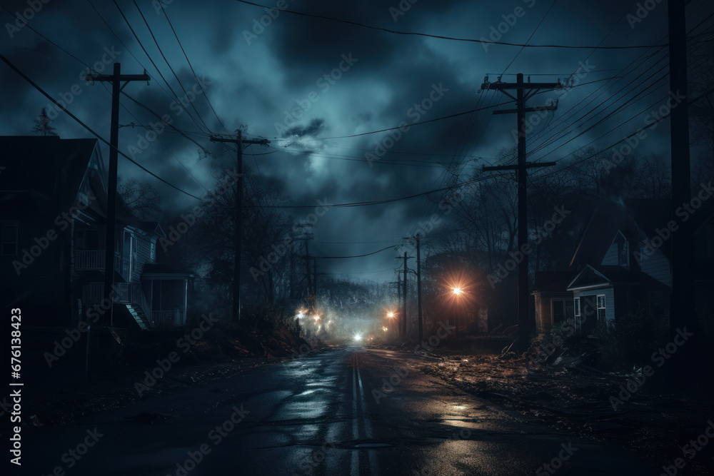 Poster a power outage during a storm, emphasizing the vulnerability of electrical grids. generative ai.