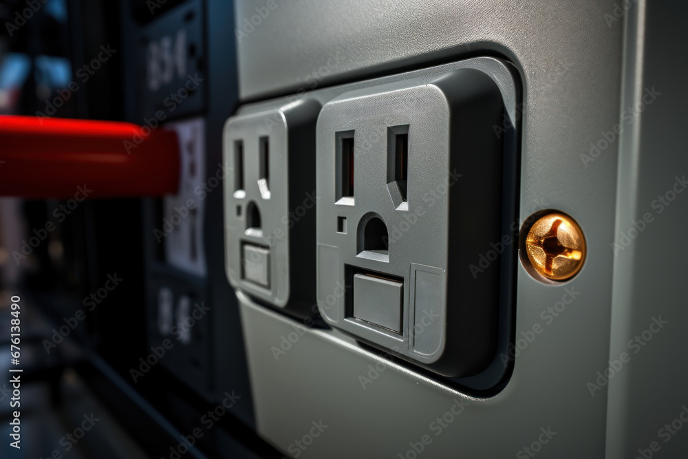 Poster a close-up of an electrical outlet, emphasizing the connection between devices and power sources. ge