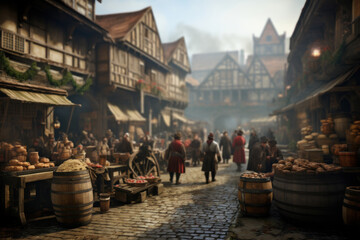 A traditional 18th-century marketplace with merchants selling goods, reflecting the economic...