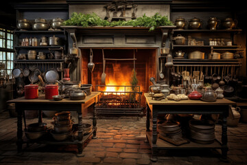 Obraz premium A colonial-era kitchen with an open hearth and culinary tools, illustrating 18th-century cooking techniques. Generative Ai.