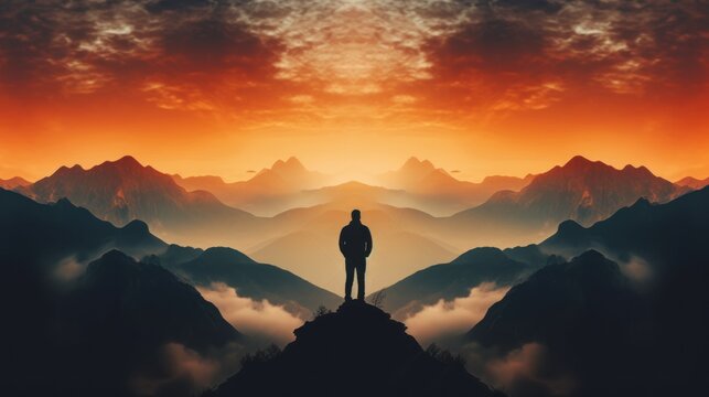 double exposure silhouette photography business male stand and feel happy on the most hight on the mountain, hiking, success, cliff