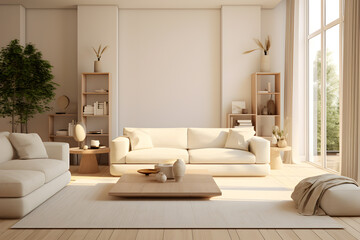 White modern living room with wooden flooring furniture , in the style of earth tone color palette light beige