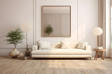 White modern living room with wooden flooring furniture and mirror, in the style of earth tone color palette light beige