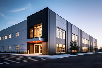 Foto op Plexiglas Sleek Steel Exterior of Modern Warehouse Office Building. Generative ai © Scrudje