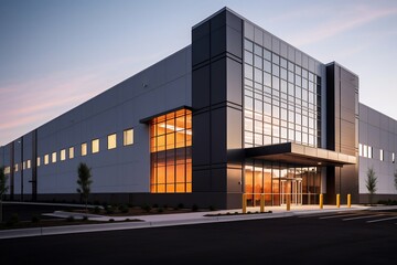 Sleek Steel Exterior of Modern Warehouse Office Building. Generative ai - obrazy, fototapety, plakaty