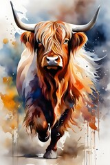 Highland Cattle Watercolor Painting made with AI - obrazy, fototapety, plakaty