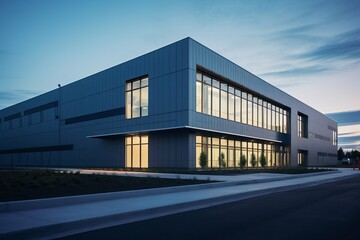 Obraz premium Sleek Steel Exterior of Modern Warehouse Office Building. Generative ai