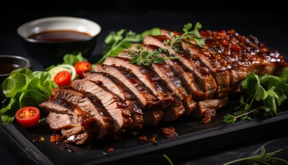 Close up of mouthwatering roasted sliced barbecue pork ribs, with succulent and tender meat