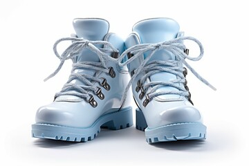 Pair of light blue leather boots, dress boots for men. Black brogue boots on a white background.