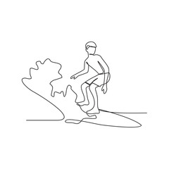 One continuous line drawing of a man is playing surfing in the sea enjoying summer vacation vector illustration. Surfing activity design illustration simple linear style vector concept.