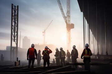 Naklejka premium A team of construction workers in hard hats working together to insulate a large commercial building