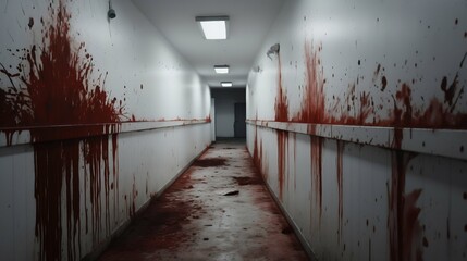 Halloween Horror: Blood-Stained White Hallway. Generative ai