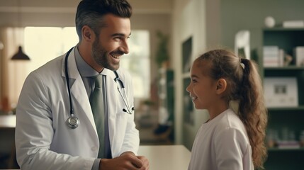 Compassionate Doctor Conversing with Young Girl Before Examination. Generative ai - obrazy, fototapety, plakaty