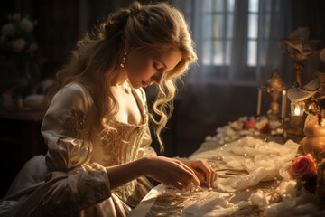 A seamstress hand-stitching an elaborate 18th-century gown, showcasing craftsmanship and fashion....