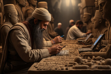 Mesopotamian scribes recording legal documents on clay tablets, illustrating the importance of written records. Generative Ai. - obrazy, fototapety, plakaty