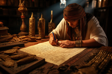 Egyptian scribes transcribing religious texts in hieratic script, emphasizing the role of religion...