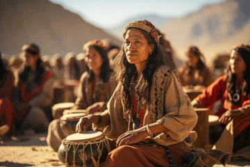 Dekokissen Caral-Supe residents participating in a musical performance, reflecting the cultural life of the Caral civilization. Generative Ai. © Sebastian