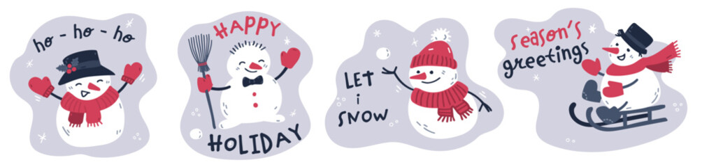 Set of four winter holidays illustration with fun cute snowman. Print design for mug, cards, stickers. Vector illustration.