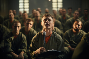 Inmates participating in a poetry workshop, expressing their emotions and experiences through...