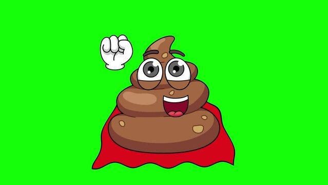 Superhero poop cartoon flying with red cape, green screen animation of flying mascot
