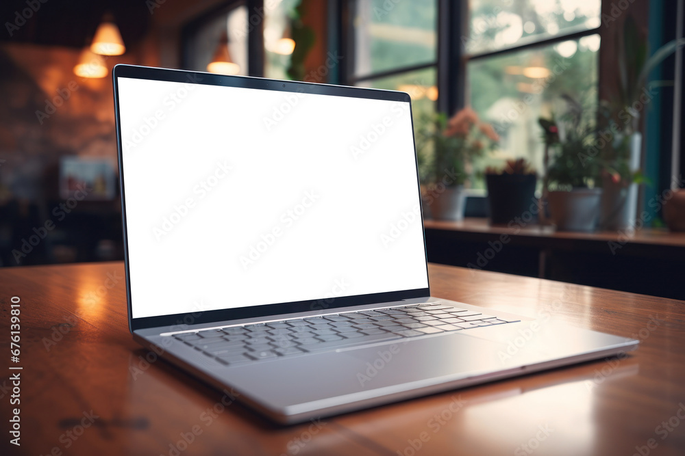 Poster a sleek laptop computer with an empty screen on a modern workspace, ready for digital mockups. gener