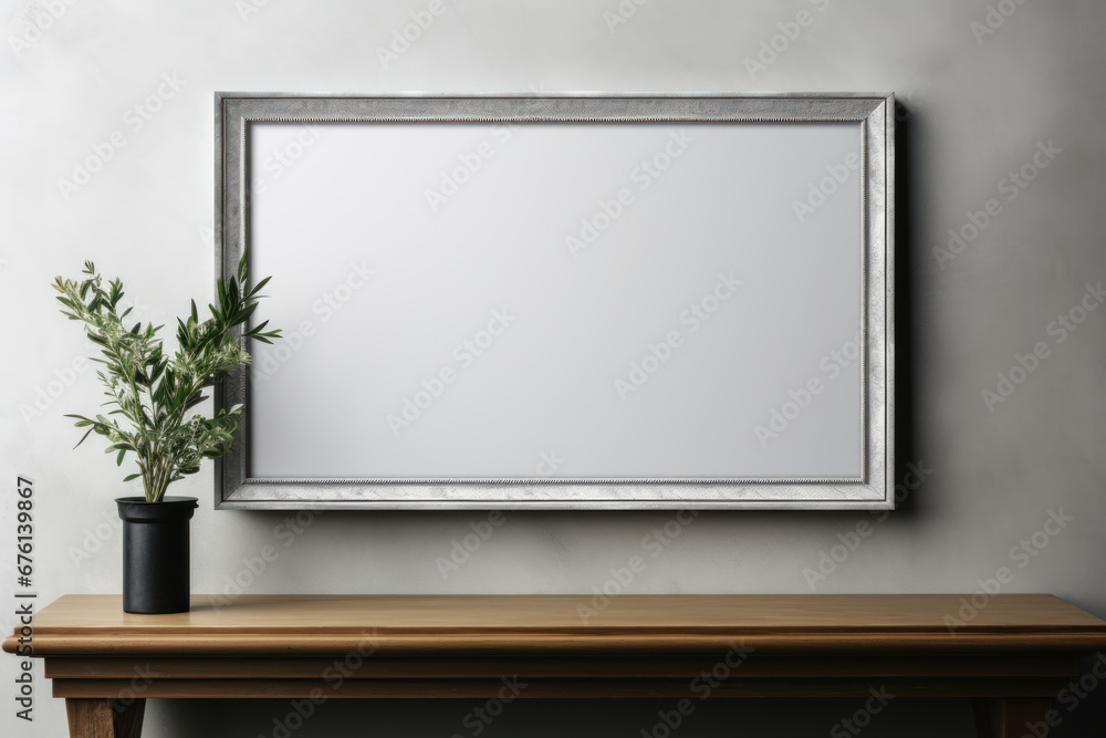 Poster an empty picture frame on a wall, demonstrating the potential for displaying various artworks or pho