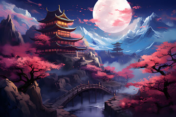 At night, a colorful Chinese temple is located on a mountain, with pink cherry blossom trees and a bright moon behind the mountains,