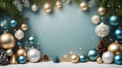 Fototapeta na wymiar Cold blue Christmas background with ornaments and garland and a free space for texts.