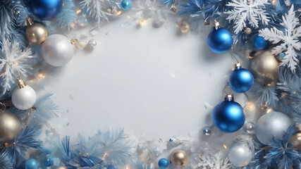 Obraz na płótnie Canvas Cold blue Christmas background with ornaments and garland and a free space for texts.