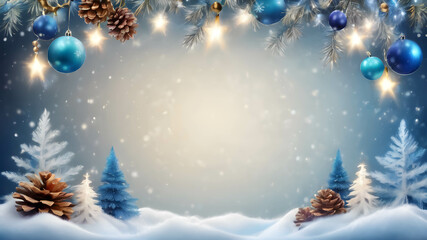 Cold blue Christmas background with ornaments and garland and a free space for texts.