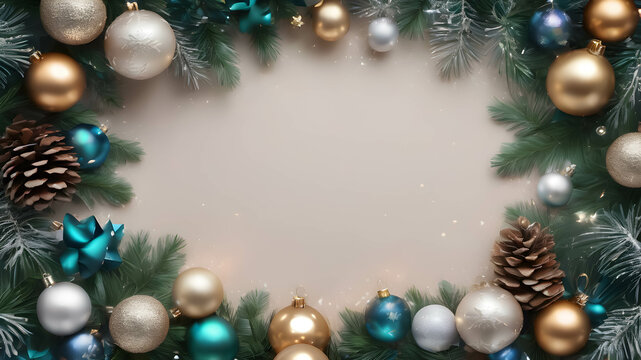 Cold blue Christmas background with ornaments and garland and a free space for texts.