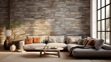 Corner sofa against window in room with stone cladding walls. Farmhouse style interior design of modern living room.