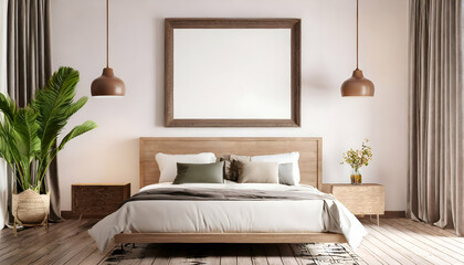 mockup horizontal frame within a modern minimalist bedroom interior background with cream furnitures and white walls.